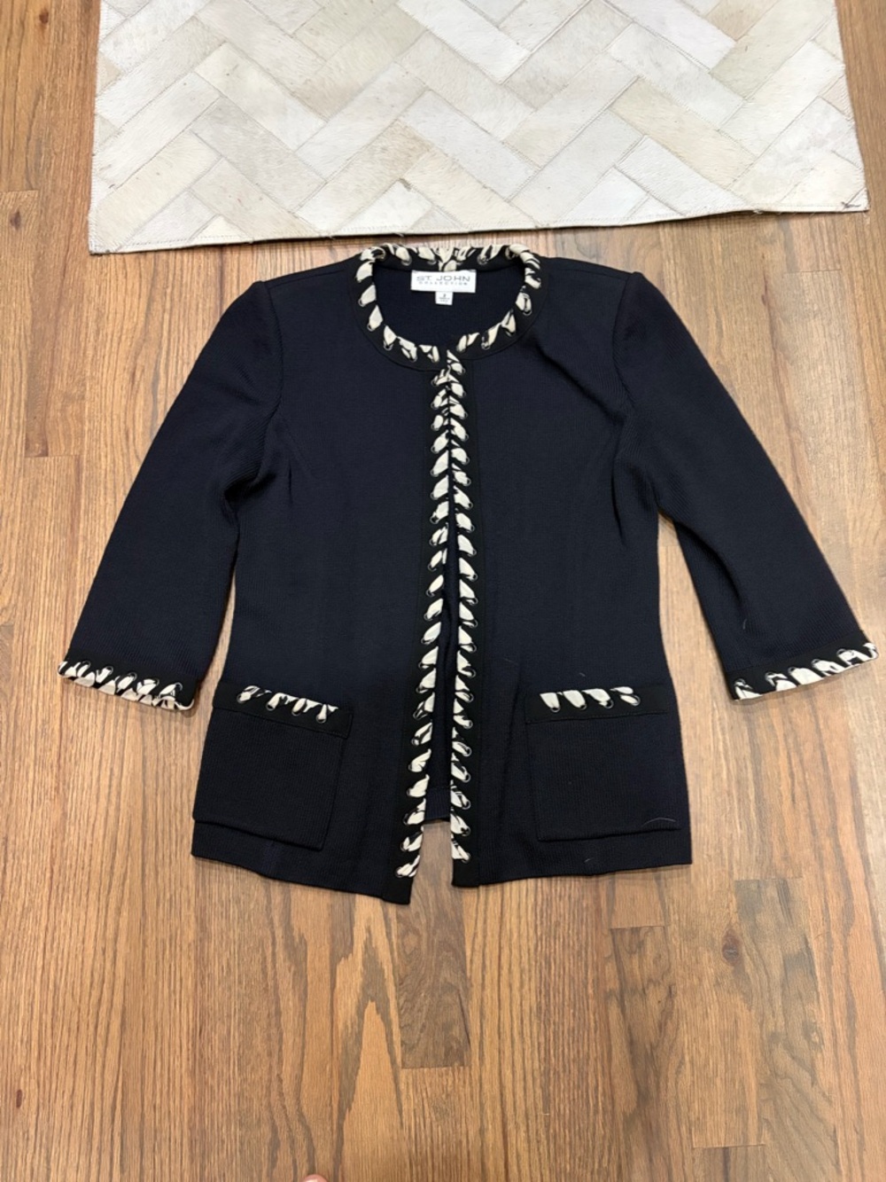St. John Collection Black Knit Jacket with Ivory Trim